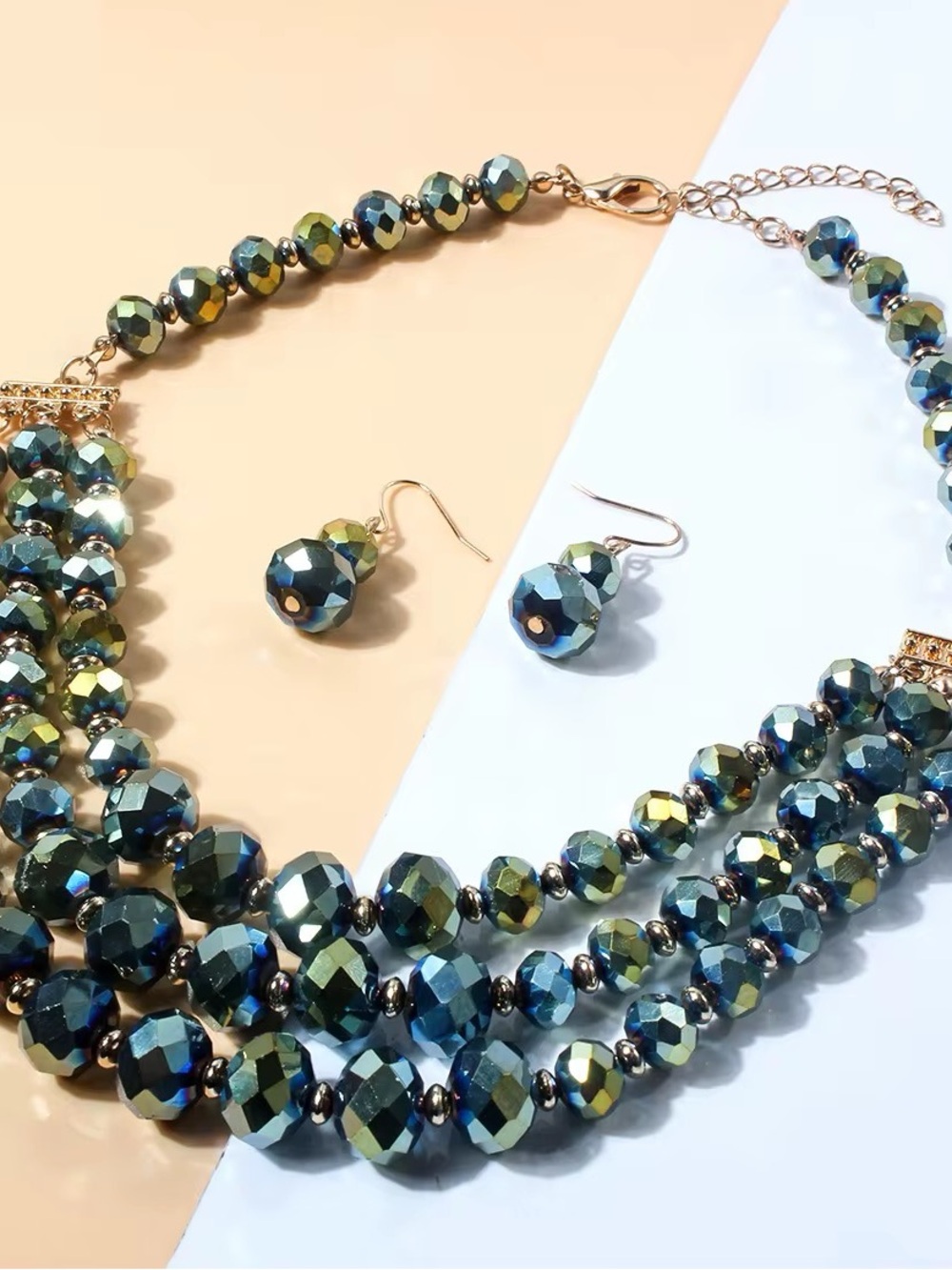 Gold-Tone Multi-Row Faceted Bead Necklace & Earrings Set - Blue Green
